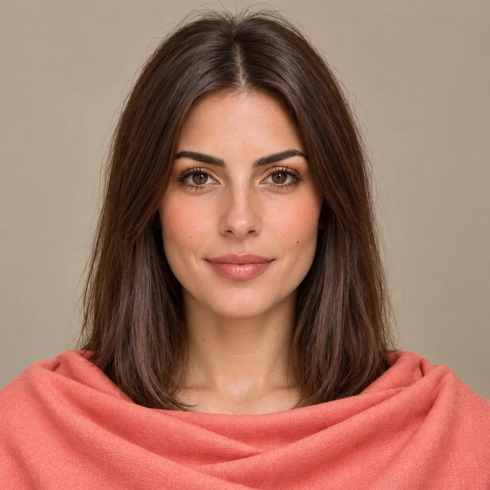 Vista previa del maquillaje Melocotón: Labios coral, colorete melocotón y ojos con reflejos cálidos.